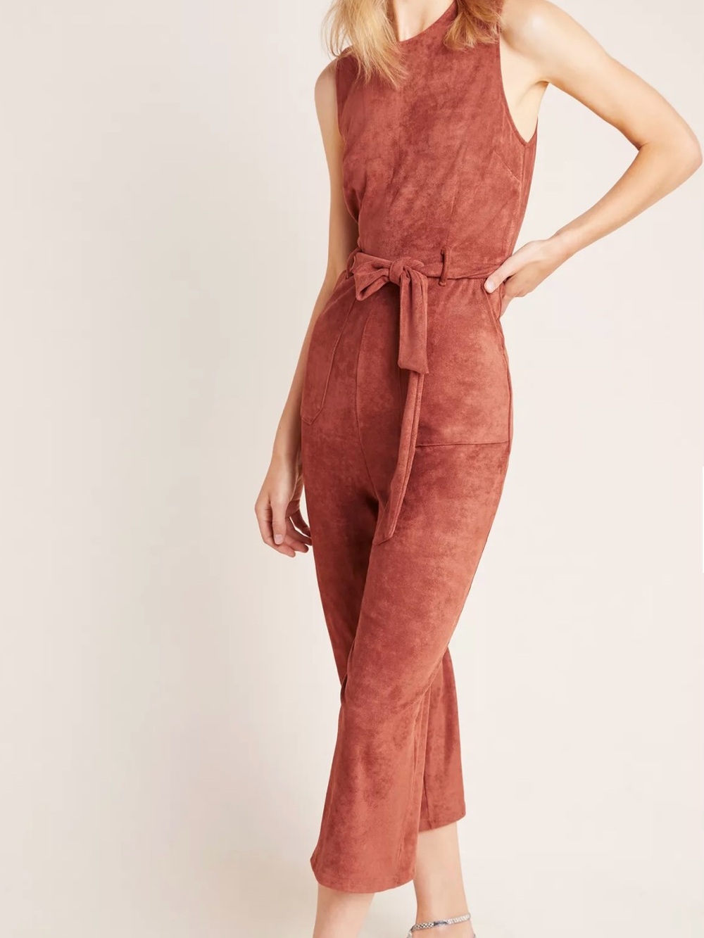 Anthropologie Sleeveless Faux Suede-Look Belted Jumpsuit in Rust Brown large